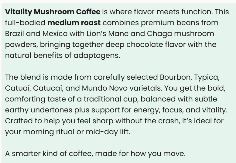 Vitality Mushroom Coffee (Medium Roast)